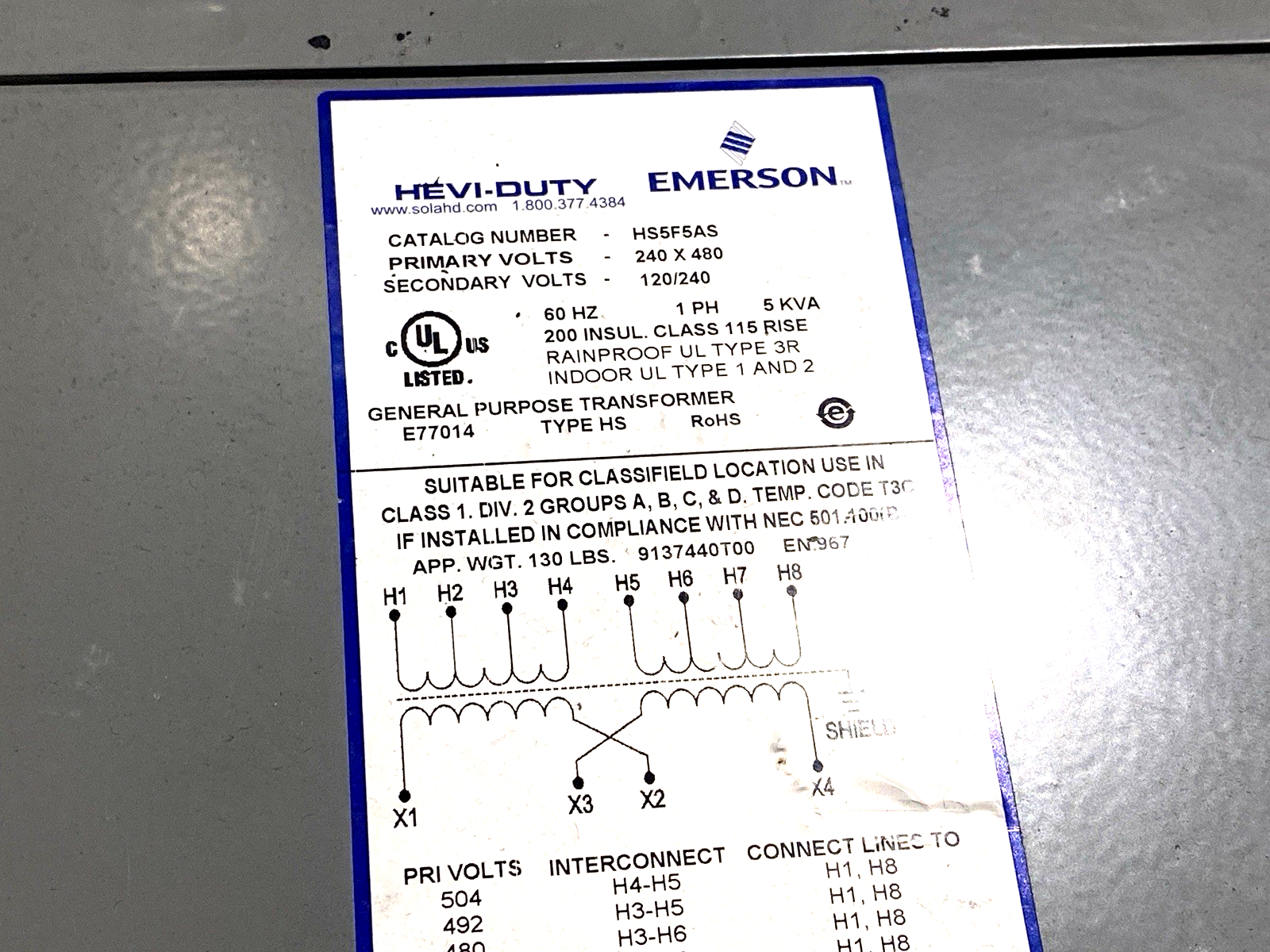 Emerson Sola Hevi-Duty HS5F5AS Automation Transformer 5KVA 240X480-120/240 1PH - Maverick Industrial Sales