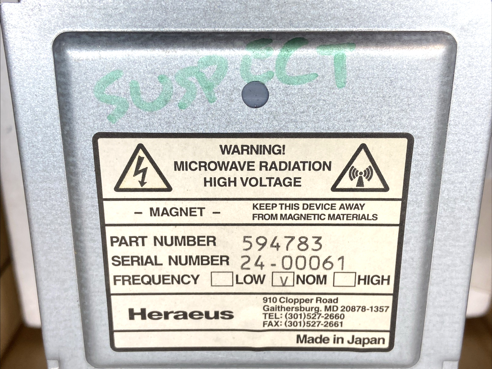 594783 | Heraeus Magnetron - For parts or not working - Maverick Industrial Sales