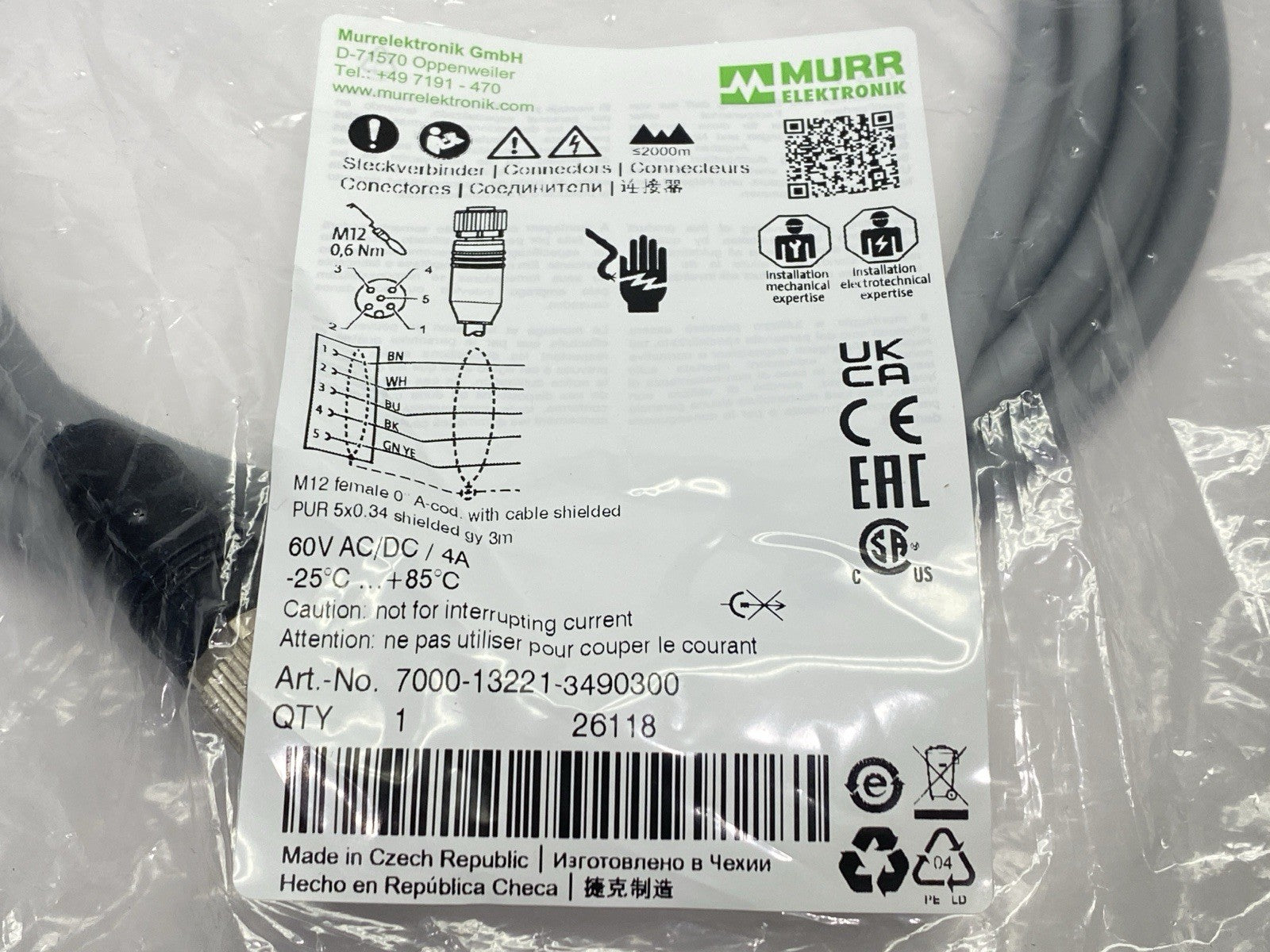 7000-13221-3490300 | Murr Elektronik Single Ended Cordset Female M12 5-Pin 3m - New - Maverick Industrial Sales