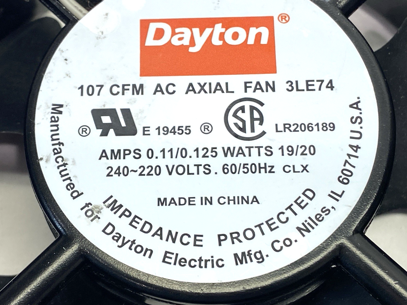 Dayton 107 CFM AC Axial Fan 230VAC 0.11/0.125A 19/20W 3LE74 SHELFWARE - Maverick Industrial Sales