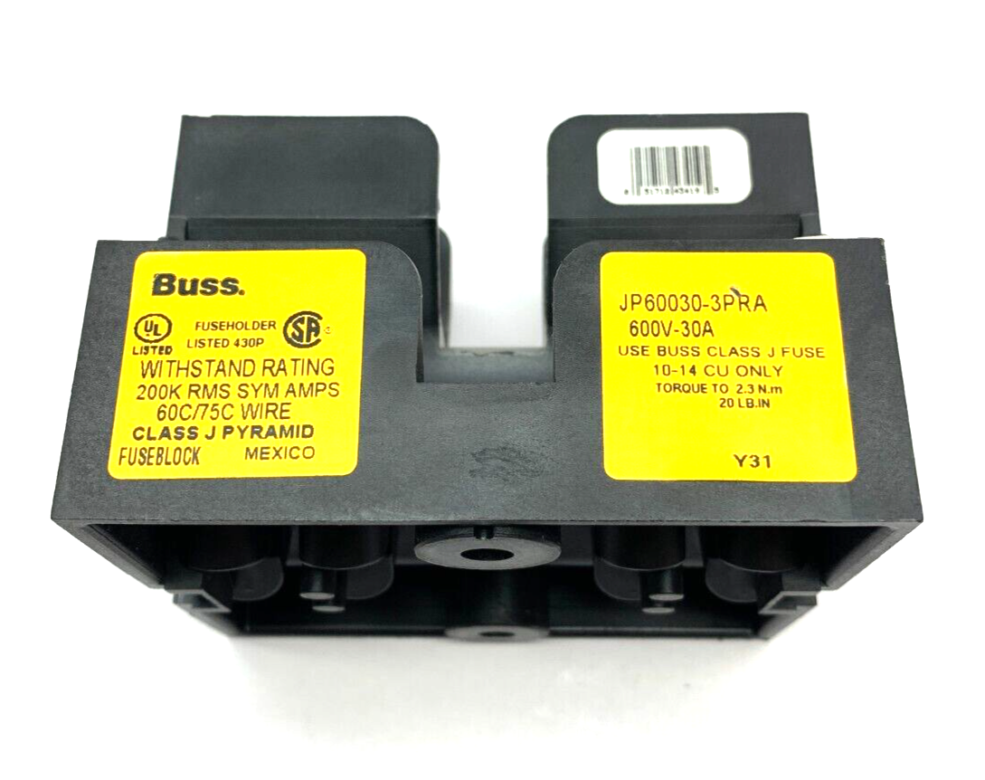 Bussman JP60030-3PRA Class J Pyramid Fuse Holder Block 200K RMS AMPS - Maverick Industrial Sales