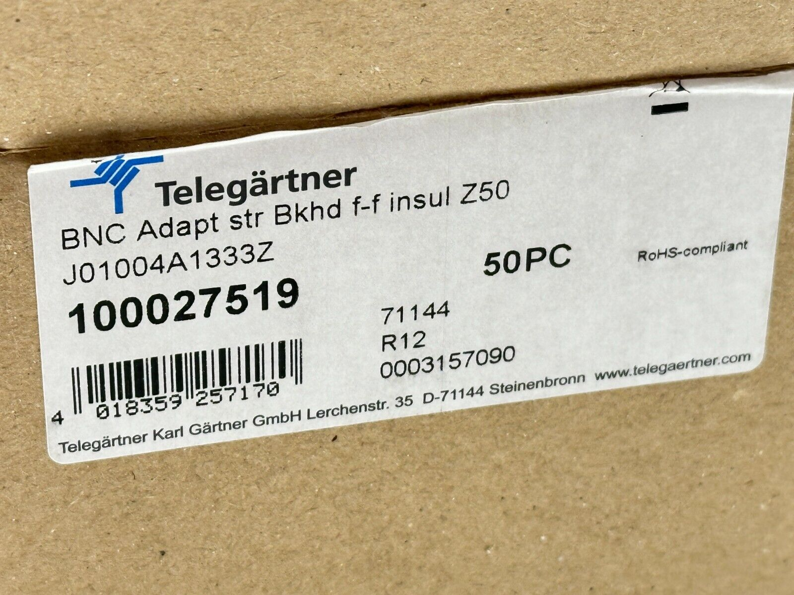 Telegartner J01004A1333Z BNC - BNC Adapter Socket LOT OF 2 - Maverick Industrial Sales