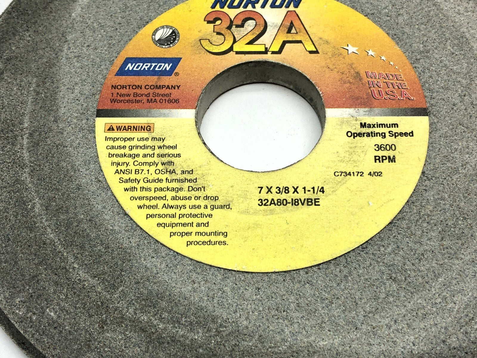 Norton 32A80-I8VBE Grinding Wheels 1-1/4" Bore 3600 RPM LOT OF 5 - Maverick Industrial Sales