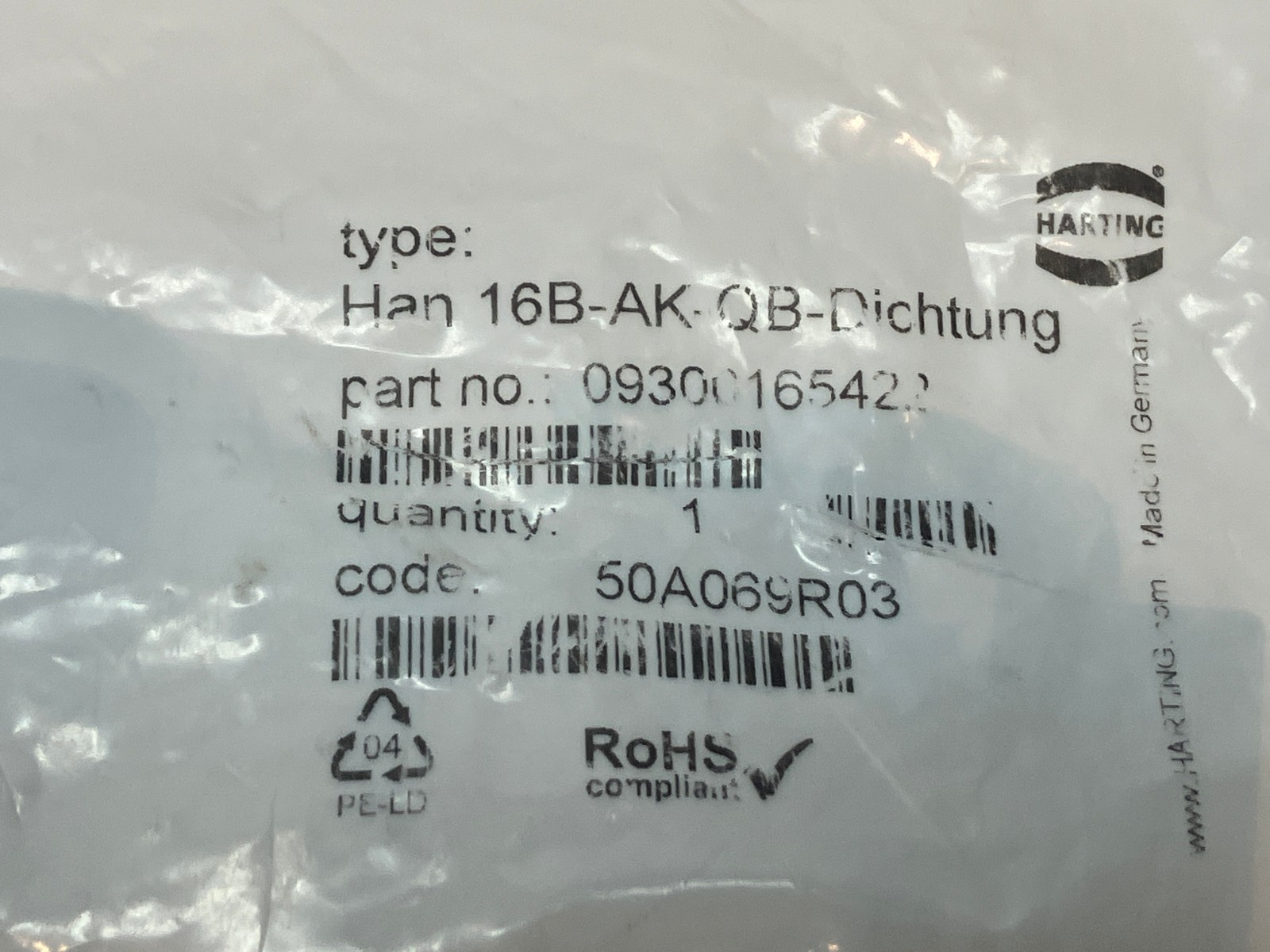 Harting 09300165422 Han 16B-AK-QB-Dichtung Heavy Duty Power Connector - Maverick Industrial Sales