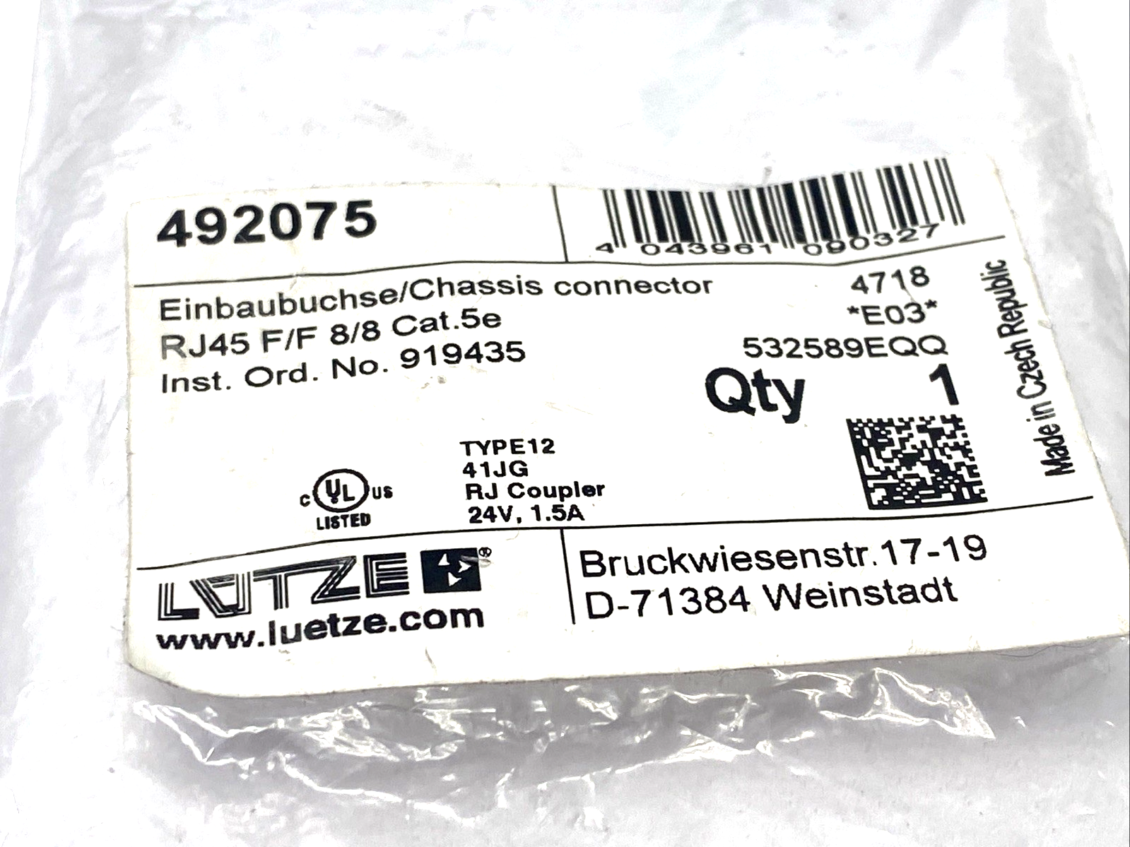Lutze 492075 RJ45 Panel Mount Connector, M22 Thread, RJ45 F/F 8/8 Cat.5e - Maverick Industrial Sales
