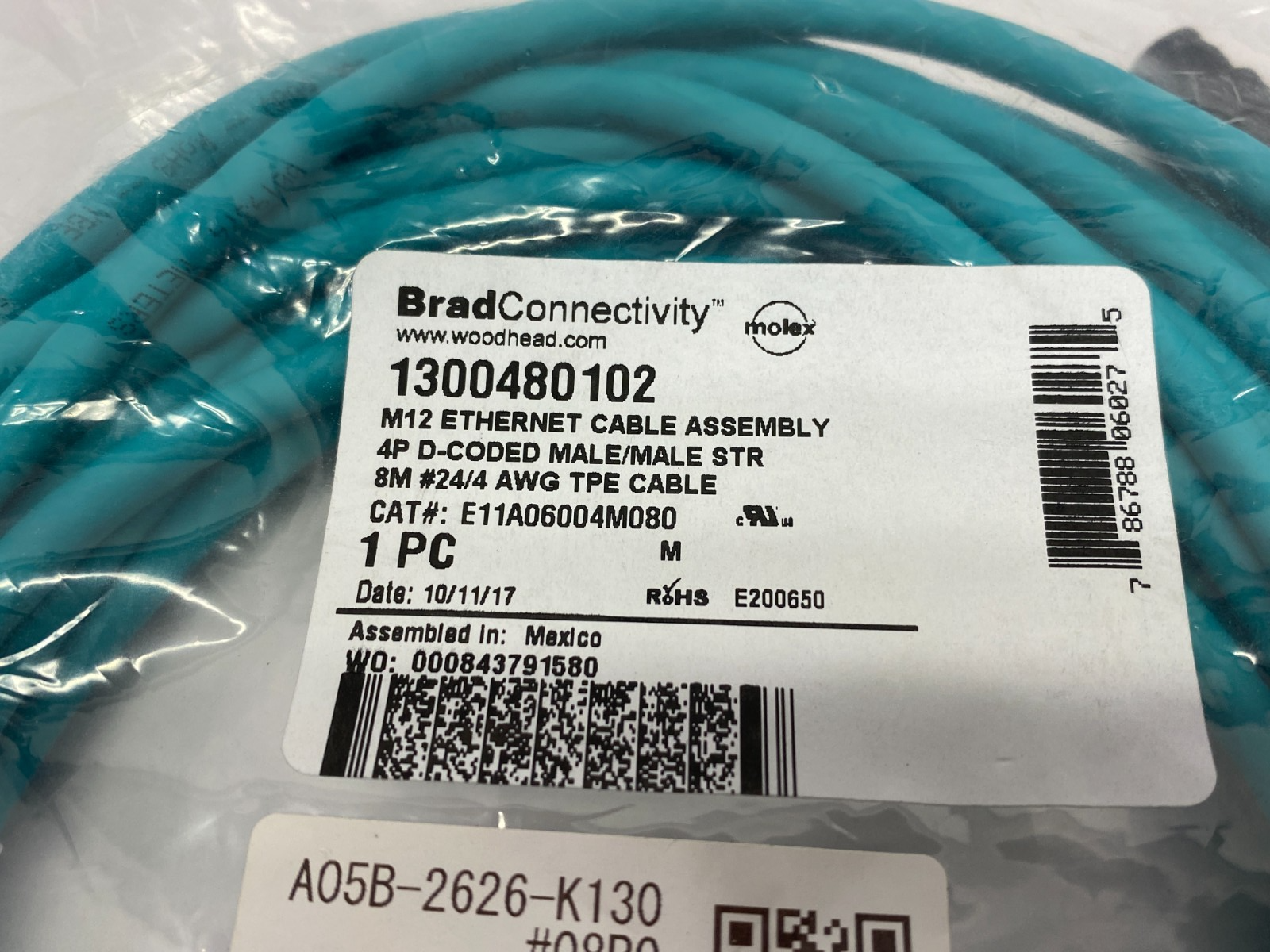 1300480102 | Brad Woodhead Molex Ethernet Cable M12 4P D-Coded E11A06004M080 - New - Maverick Industrial Sales