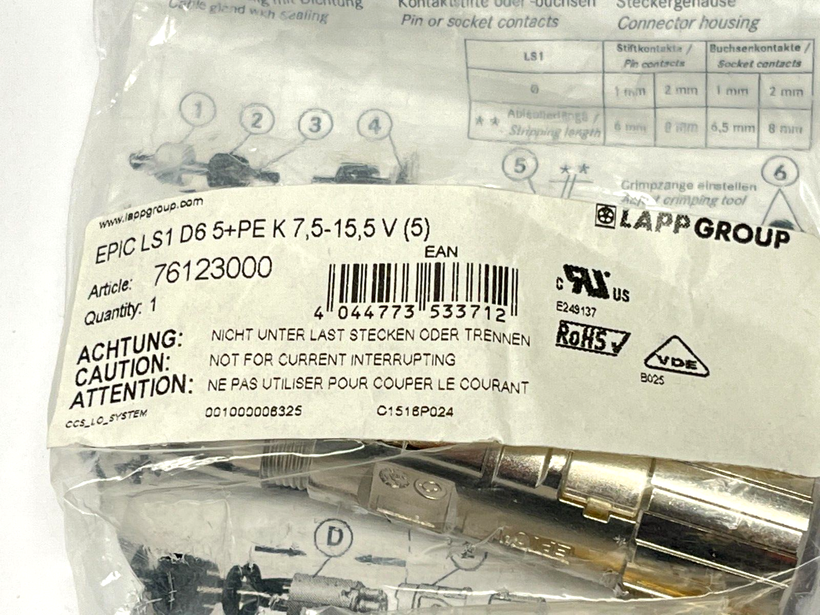 Lapp 76123000 Epic Power LS1 Style D6 Standard Connector 6 Position Female - Maverick Industrial Sales