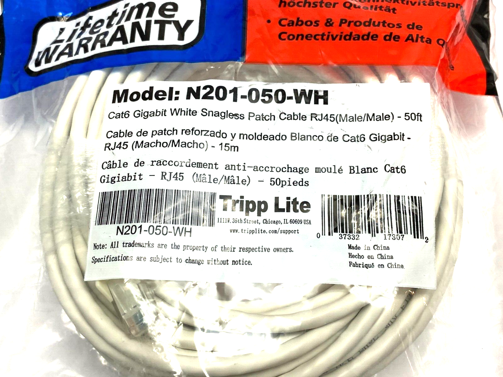 Tripp Lite N201-050-WH Cat6 Gigabit White Snagless Patch Cable RJ45 M to M 50ft - Maverick Industrial Sales