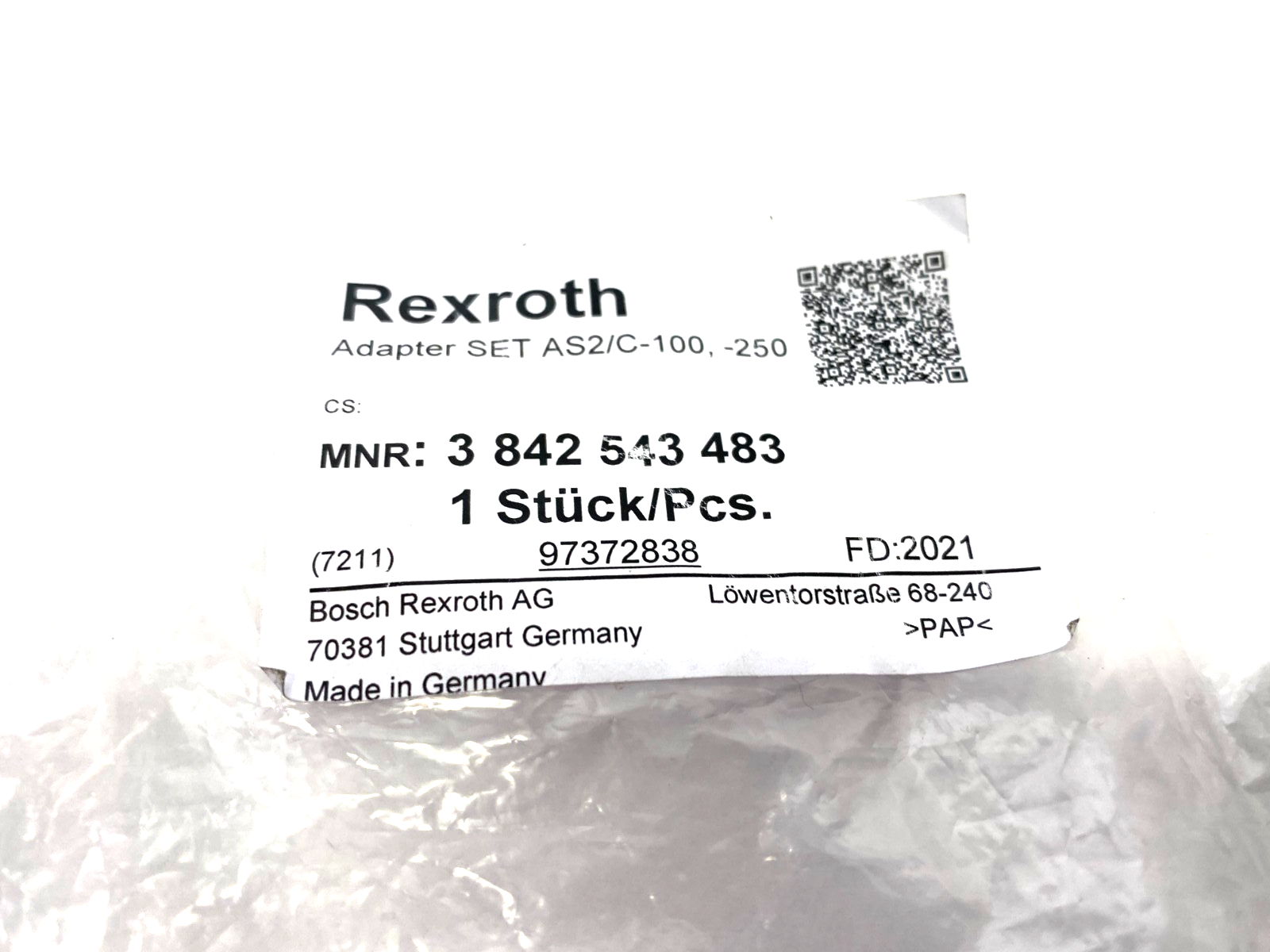 Bosch Rexroth 3842543483 Adapter Set, CS: SET AS2/C-100,-250 - Maverick Industrial Sales