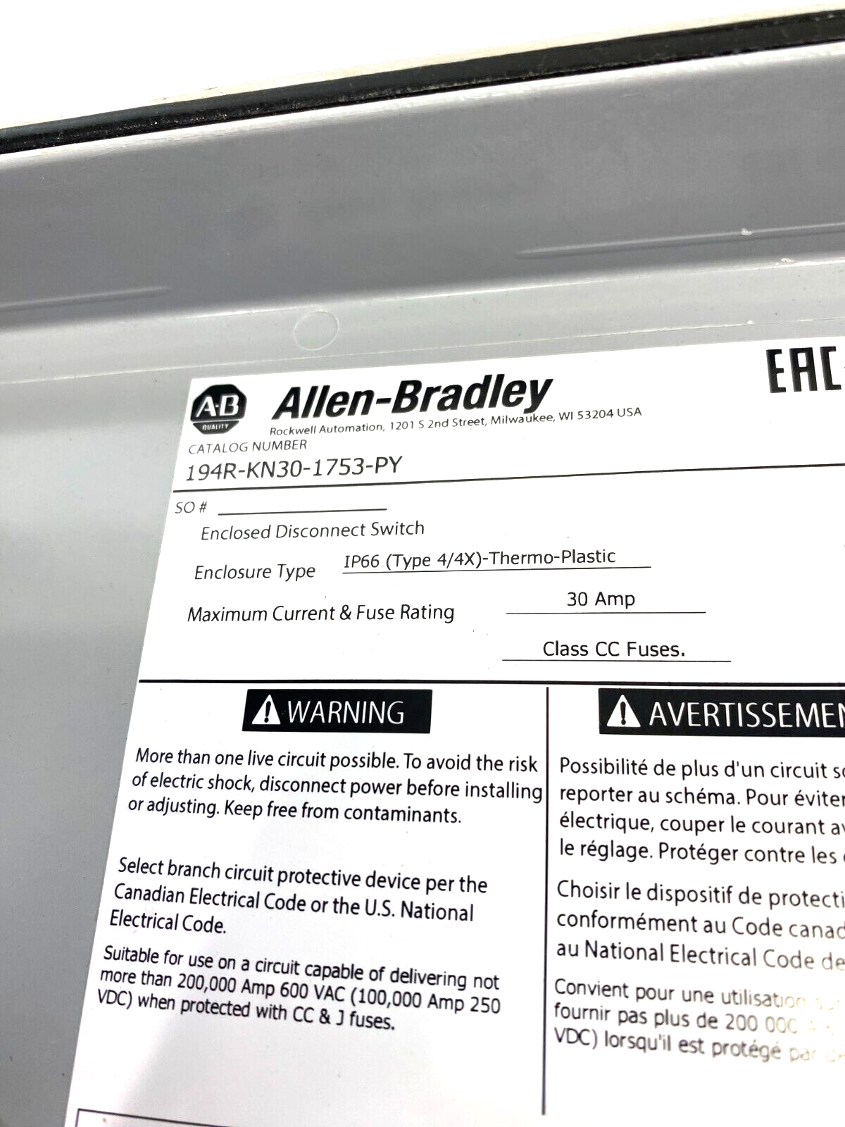 Allen Bradley 194R-KN30-1753-PY Thermoplastic Disconnect Switch Enclosure IP66 - Maverick Industrial Sales