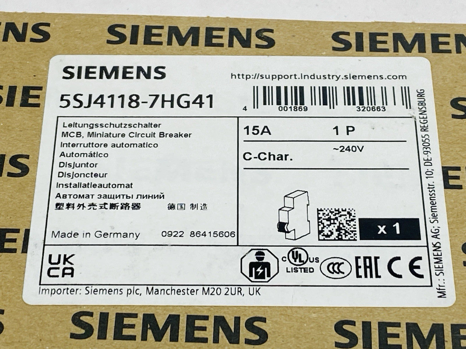 Siemens 5SJ4118-7HG41 Miniature Circuit Breaker 1-Pole 15A 240V - Maverick Industrial Sales