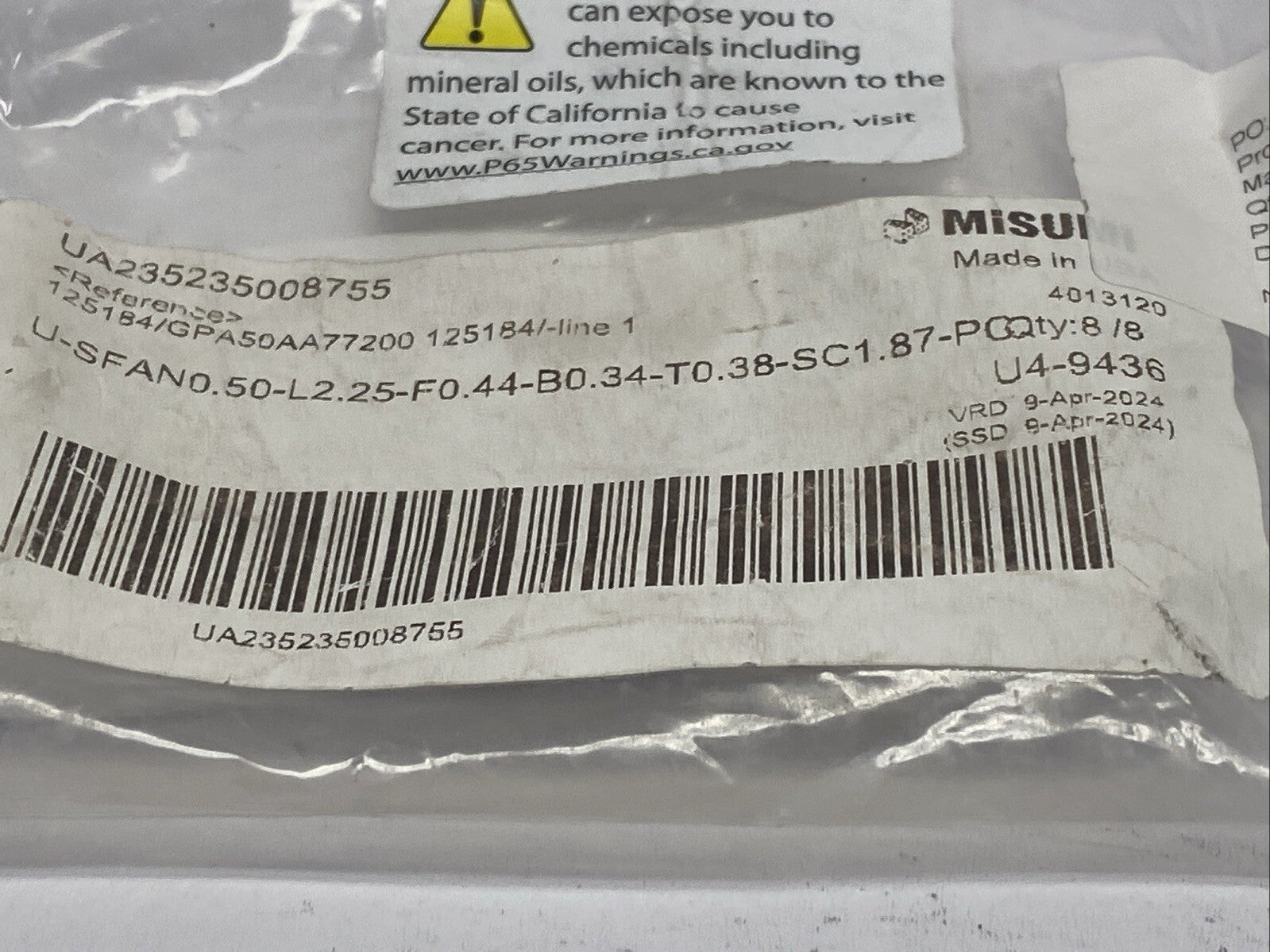Misumi U-SFAN0.50-L2.25-F0.44-B0.34-T0.38-SC1.87-PC Linear Shaft LOT OF 5 - Maverick Industrial Sales