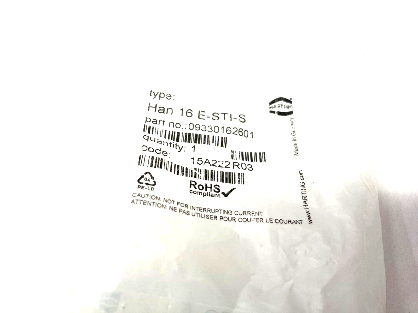 Harting 09330162601 Insert Screw Connector Han E 16 Pos. M - Maverick Industrial Sales