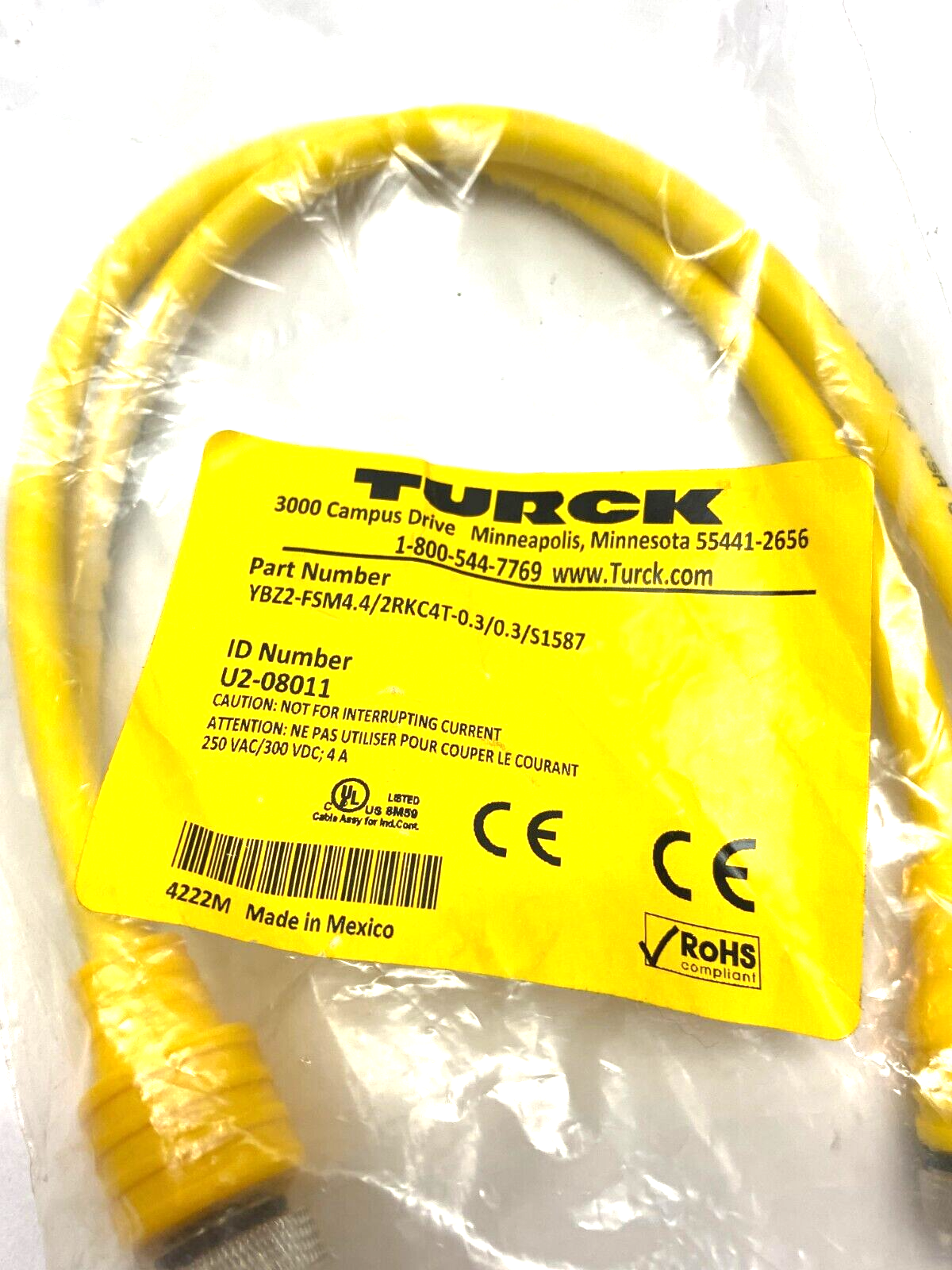 YBZ2-FSM4.4/2RKC4T-0.3/0.3/S1587, U2-08011 | Turck YBZ2-FSM4.4/2RKC4T-0.3/0.3/S1587 Splitter Cordset M12 4-Pin U2-08011 - New - Maverick Industrial Sales