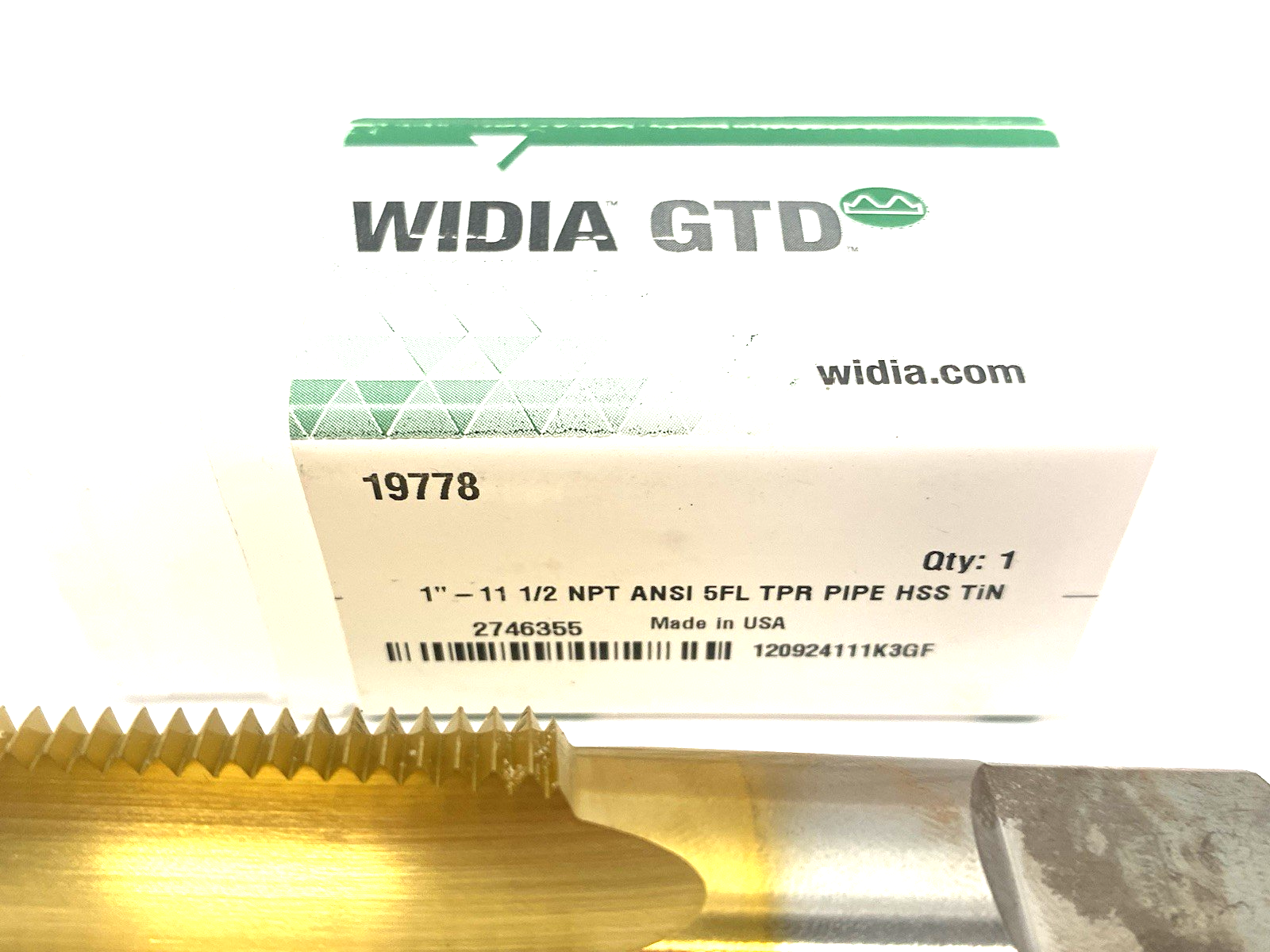 2746355 | Widia Taper Pipe Tap 5-Flute NPT/NPTF 1" - 11-1/2 TiN Coat 19778 - New – Open box - Maverick Industrial Sales