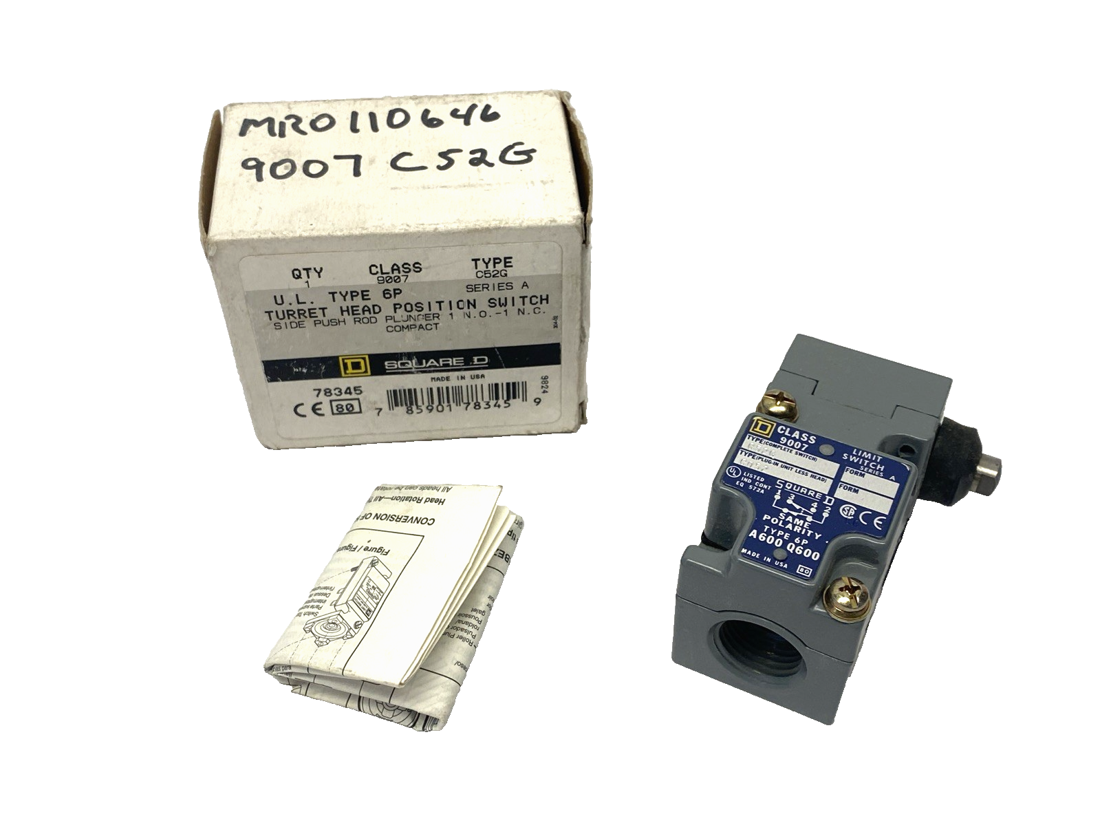 9007 C52G | Square D Type 6P A600 Q600 Snap Action Limit Switch 600V 10A - New - Maverick Industrial Sales