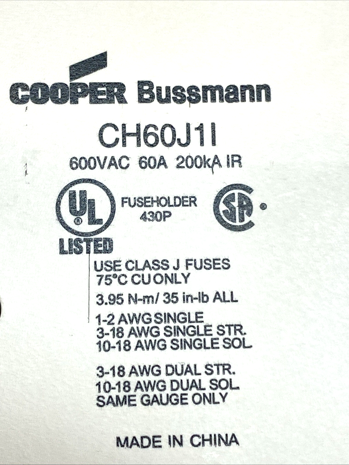 Eaton Bussmann CH60J1I Fuse Holder Class J 60A 600V LOT OF 2 - Maverick Industrial Sales