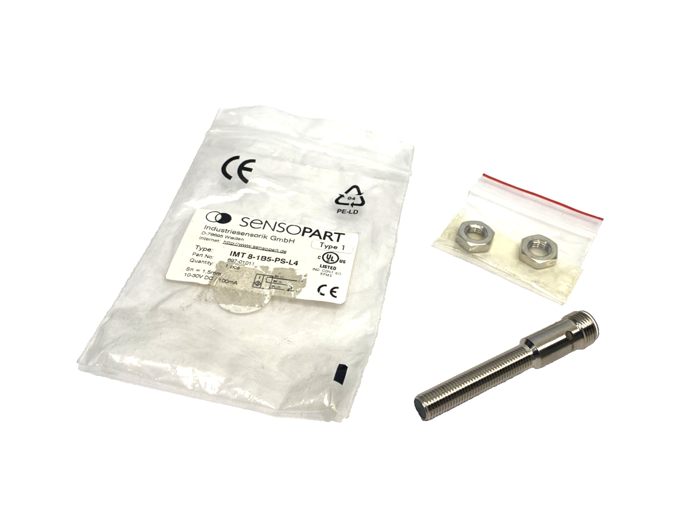 697-01011 | SensoPart Inductive Sensor M8 Body M12 Connector IMT 8-1B5-PS-L4 - New – Open box - Maverick Industrial Sales