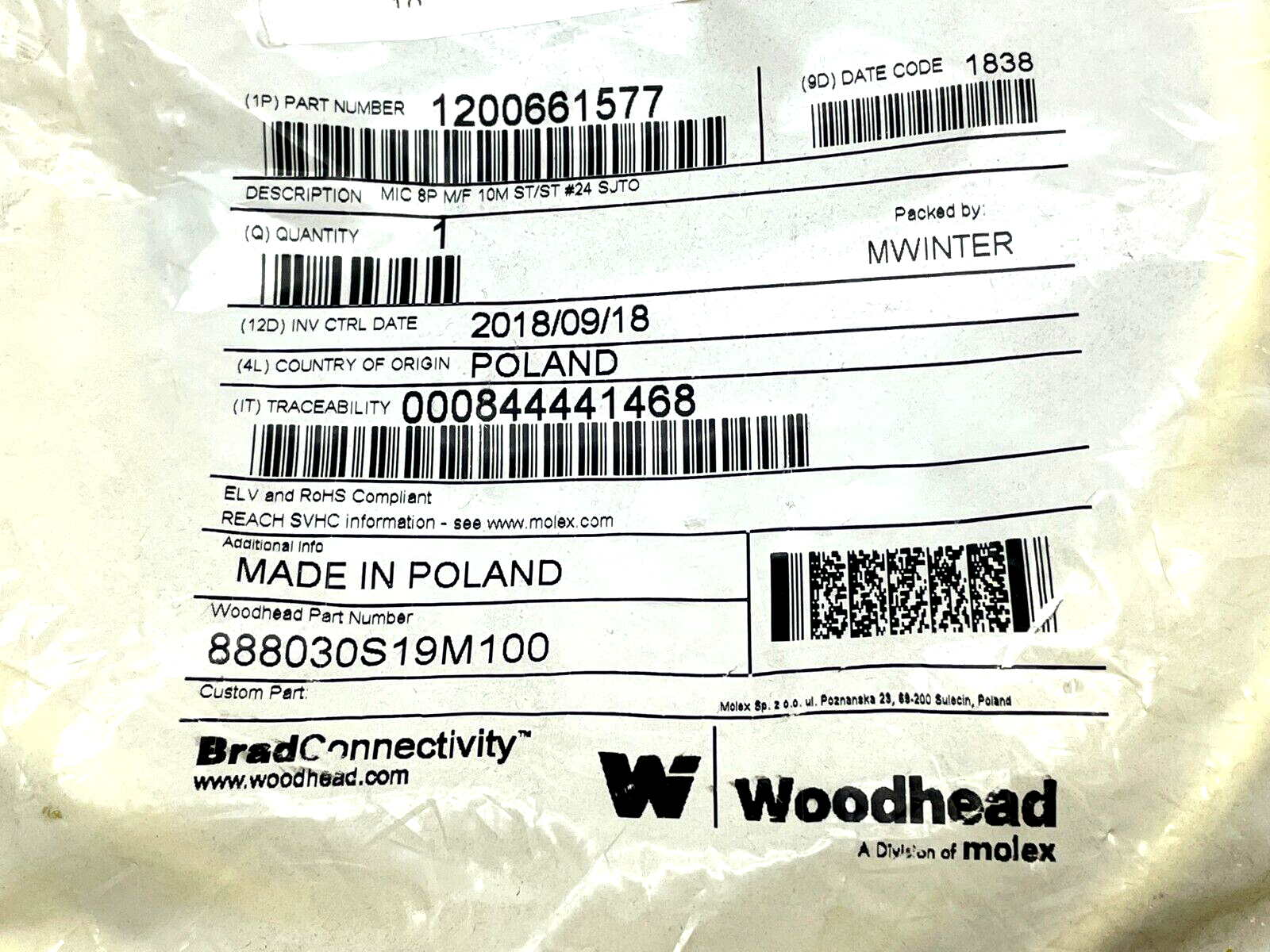 Woodhead Molex 1200661577 Male to Female 10m Length 888030S19M100 - Maverick Industrial Sales