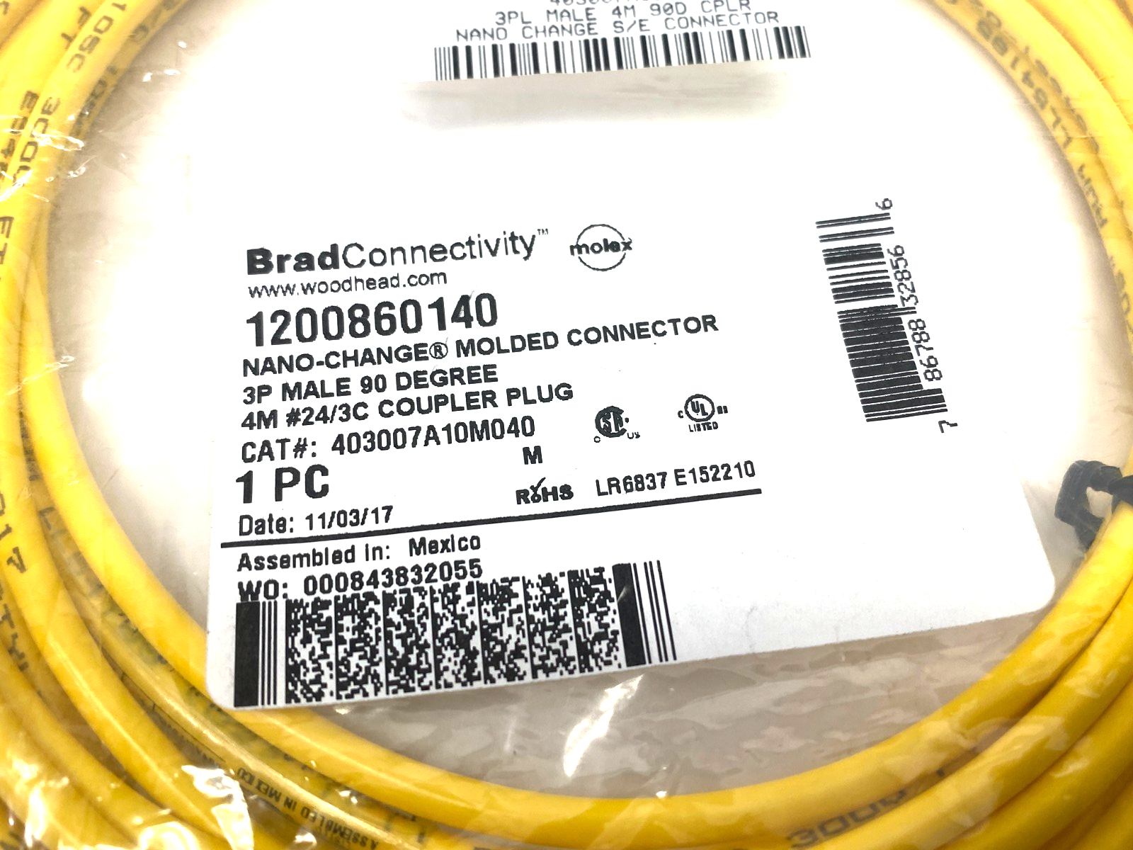 403007A10M040 | Brad Woodhead Molex Nano-Change 3P Male 90-Deg Cable 1200860140 - New - Maverick Industrial Sales
