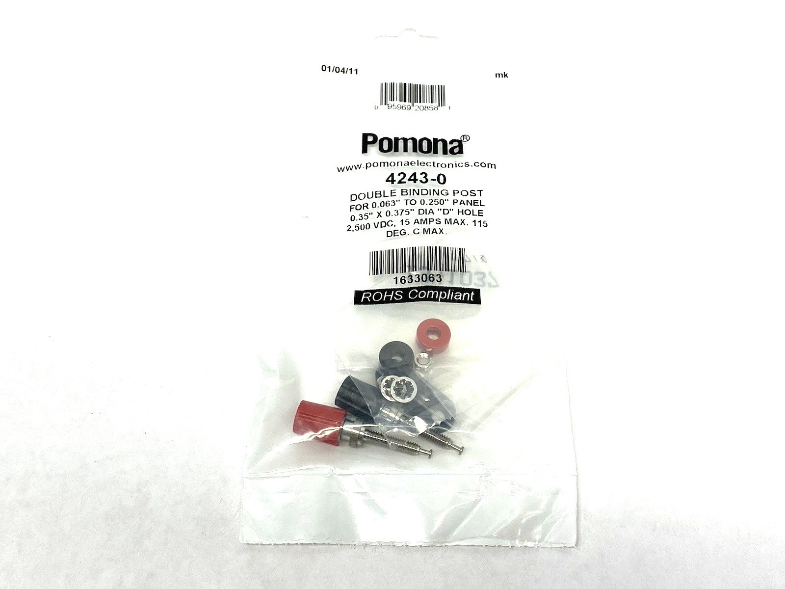 4243-0 | Pomona Double Binding Post 0.063" to 0.250" Panel, 2500VDC 15A - New - Maverick Industrial Sales