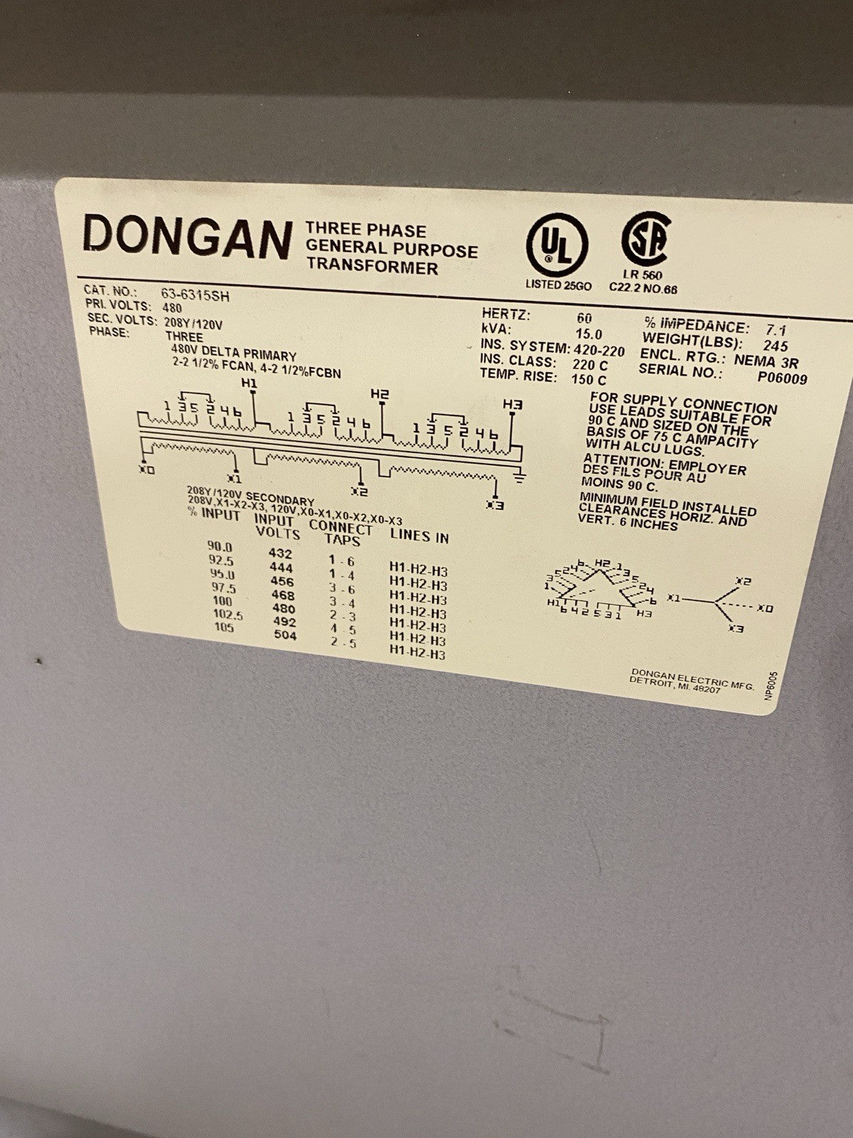 63-6315SH | Dongan 15KVA 4480/208~120 with Dongan 85-1045SH 240x480/120/240 - Used - Maverick Industrial Sales
