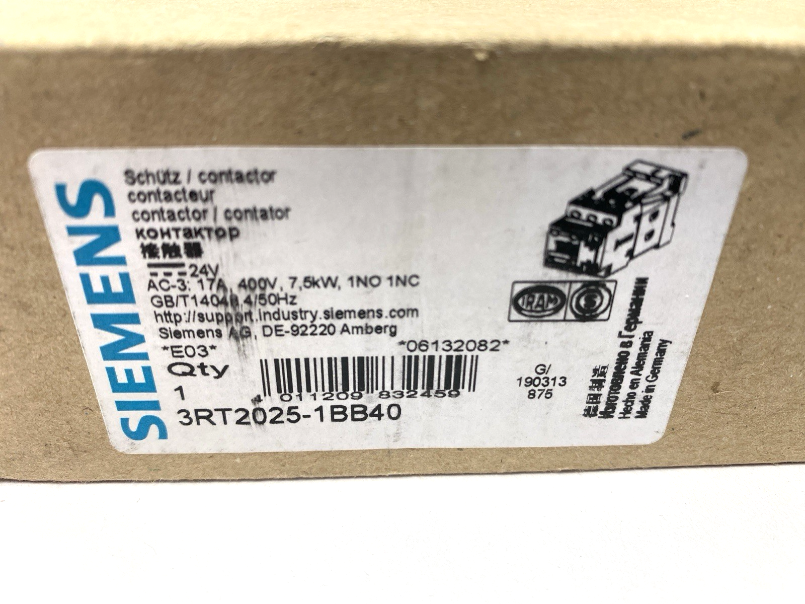 Siemens 3RT2025-1BB40 SIRIUS Power Contactor 3-Pole 17A 7.5 kW 400V - Maverick Industrial Sales