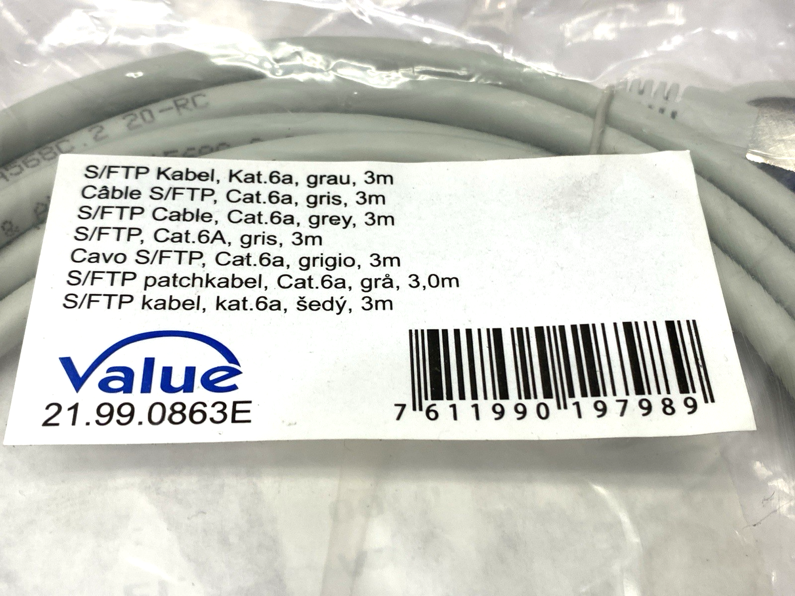 Value 21.99.0863E Double Ended Ethernet Cable Gray Male RJ45 Connectors 3m - Maverick Industrial Sales