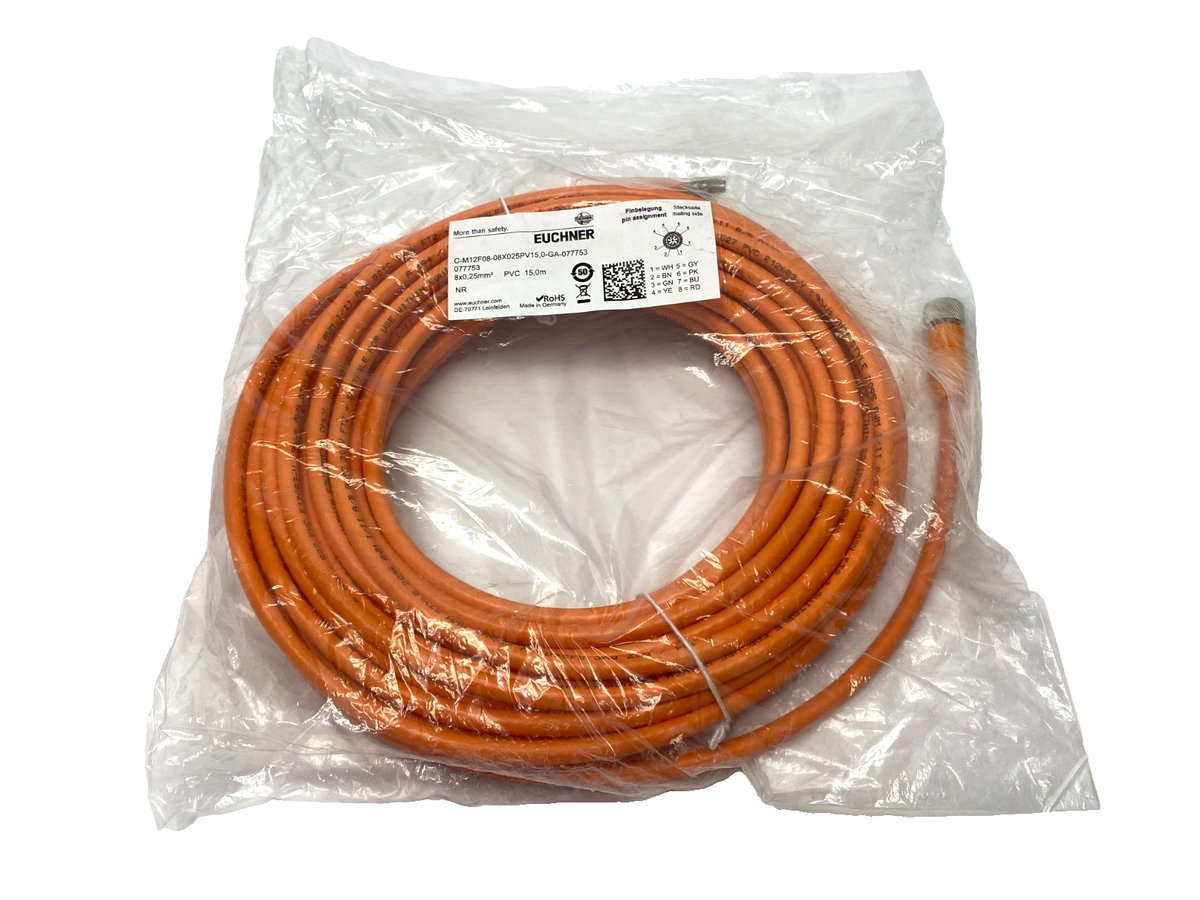 C-M12F08-08X025PV15,0-GA-077753 | Euchner Connecting Cable M12 8-Pin 15m 077753 - New - Maverick Industrial Sales