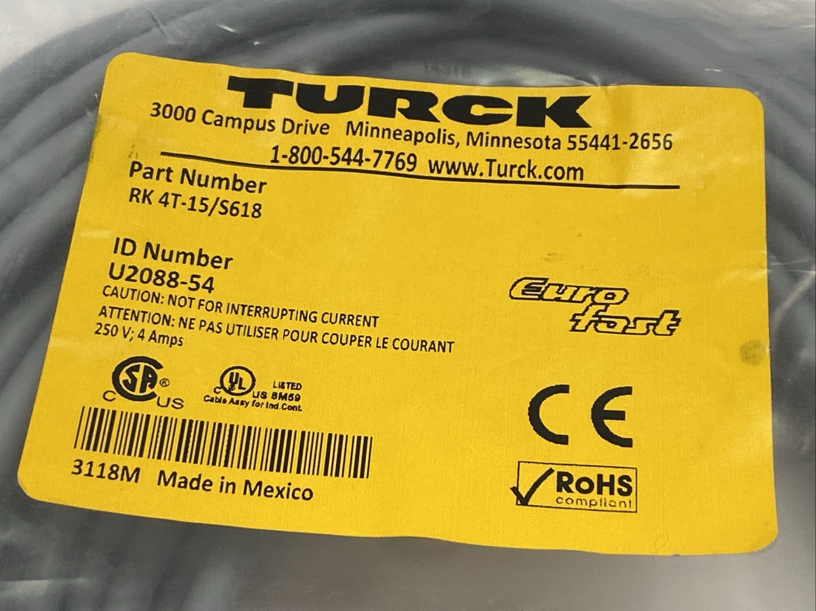 Turck RK 4T-15/S618 Actuator Sensor Cordset Female M12 4-Pin U2088-54 - Maverick Industrial Sales