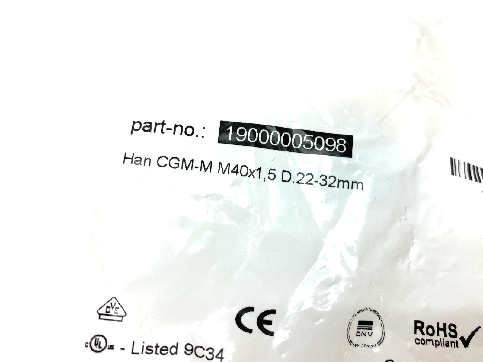 Harting 19000005098 Cable Gland Brass M40 Han CGM-M M40x1,5 D.22-32mm - Maverick Industrial Sales