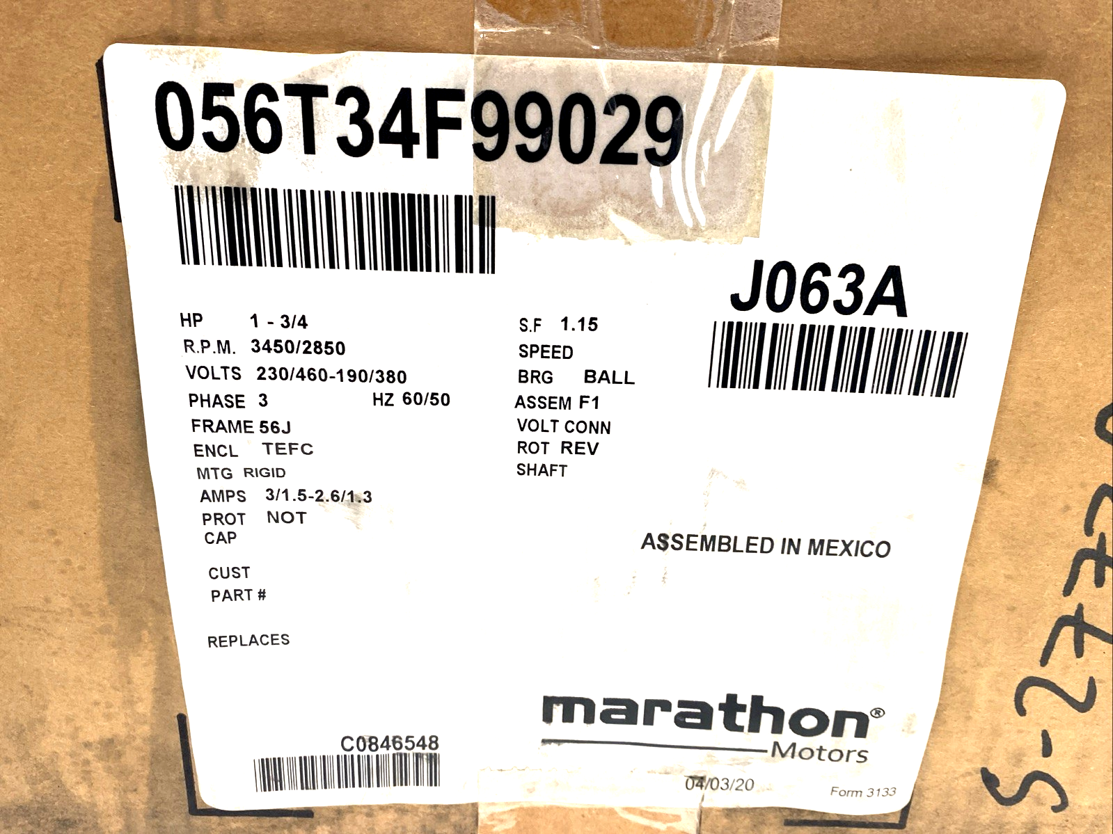 Marathon J063A Jet Pump Motor V V D 56T34F99029 K 3PH 1HP 0.75kW 230/460V - Maverick Industrial Sales