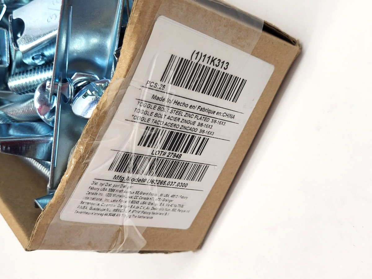 U63265.037.0300 | Fabory Toggle Bolt Steel Zinc Plated 3/8"-16x3" LOT OF 44 - New – Open box - Maverick Industrial Sales