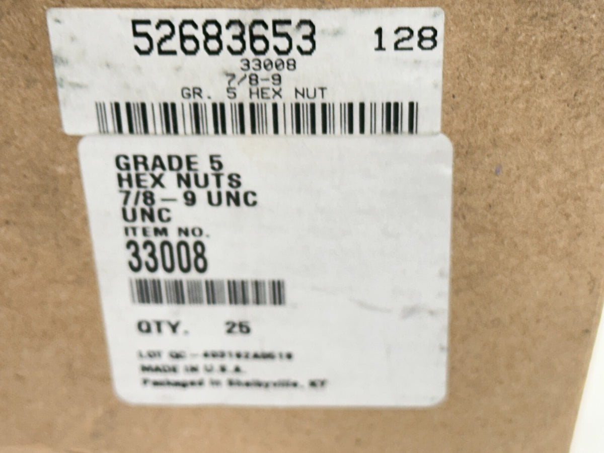 33008 | Hex Nuts 7/8-9 Grade 5 Steel Zinc 1-5/16″ Across Flats PKG OF 25 - New – Open box - Maverick Industrial Sales
