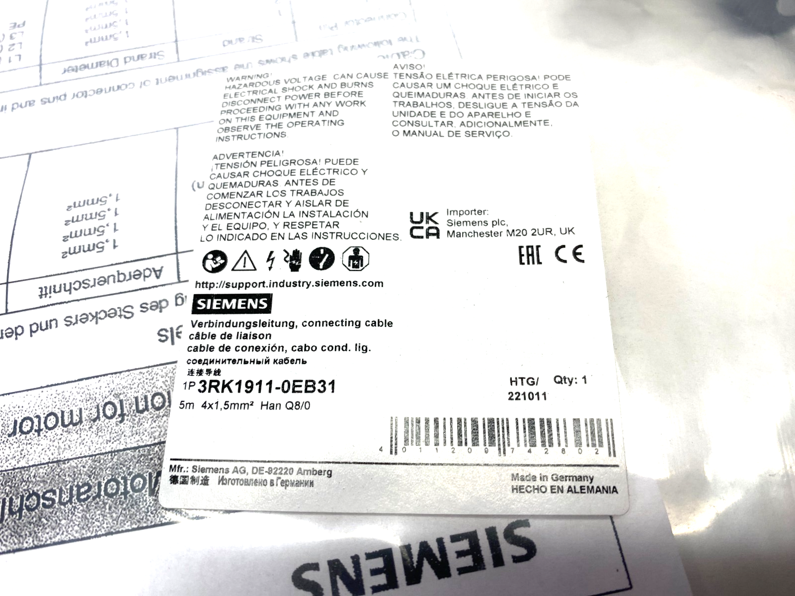 Siemens 3RK1911-0EB31 Single Ended Motor Power Cable Han Q8 4 x 1.5 mm2 Pins - Maverick Industrial Sales