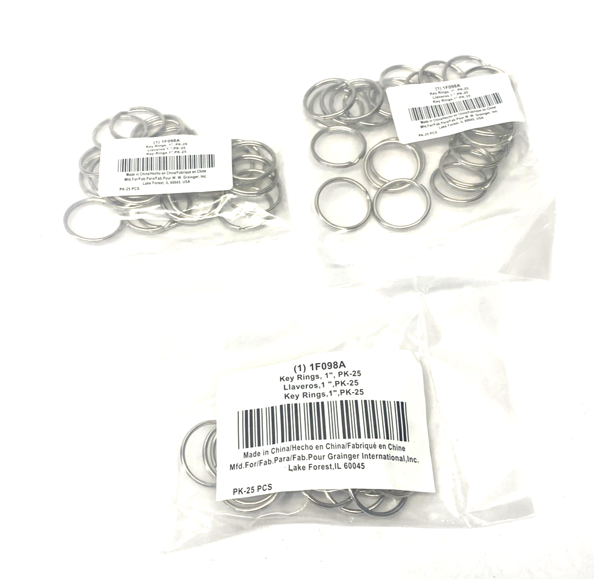 Grainger 1F098 Split Key Ring: 3 Key Capacity, 1" Dia, Steel, 25-PK, LOT OF 3 - Maverick Industrial Sales