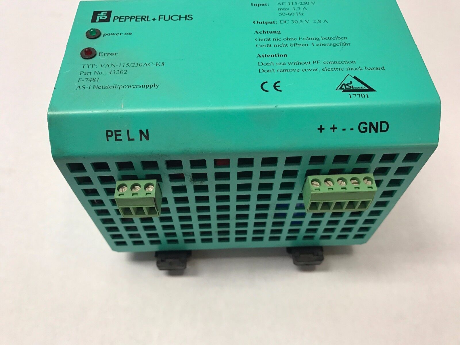 VAN-115/230AC-K8, 43202 | Pepperl + Fuchs TYP: VAN-115/230AC-K8 Power Supply Module P/N 43202 w/ term plug - Used - Maverick Industrial Sales