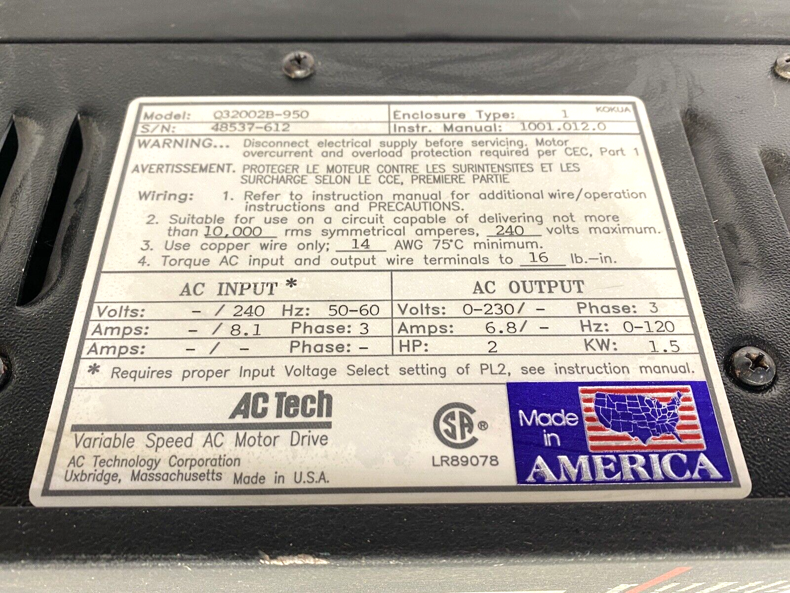 AC Tech Q32002B-950 Variable Speed AC Motor Drive 2HP 6.8A 230V 3-Phase - Maverick Industrial Sales