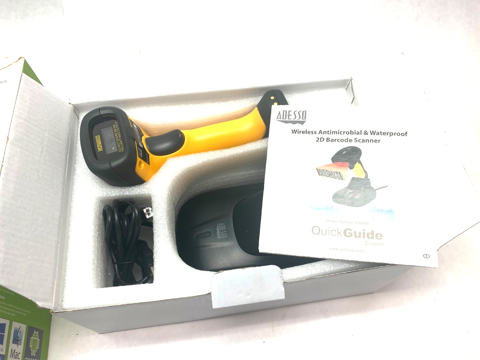 Adesso NuScan 5200TR Wireless Antimicrobial/Waterproof 2D Barcode Scanner 2.4GHz - Maverick Industrial Sales