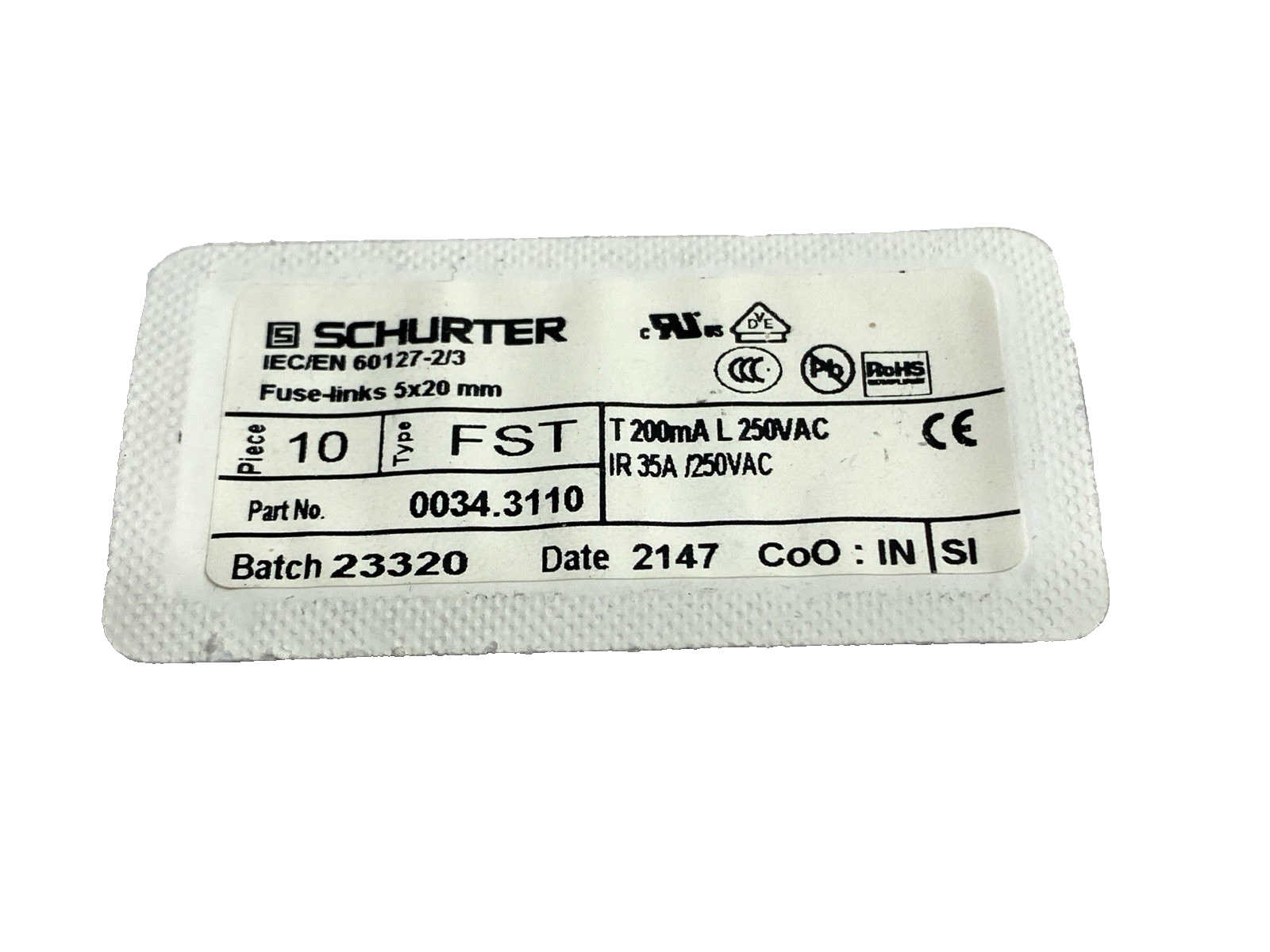 Schurter 0034.3110 Fuse 5 x 20mm 250VAC 200mA LOT OF 20 - Maverick Industrial Sales