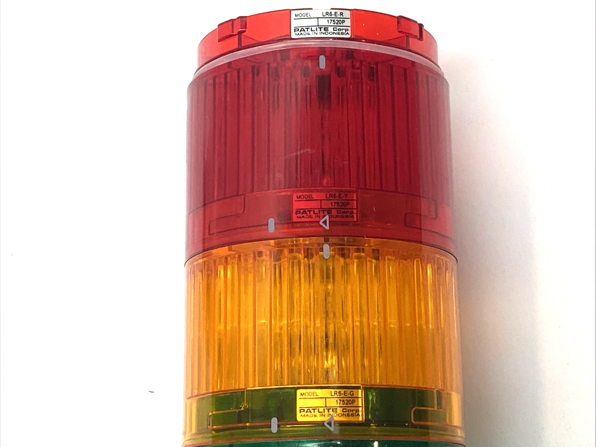 LR6-_02PJB | Patlite Signal Tower Light 3-Tier Green, Amber, Red 24VDC 6.6W 0.25A - Used - Maverick Industrial Sales