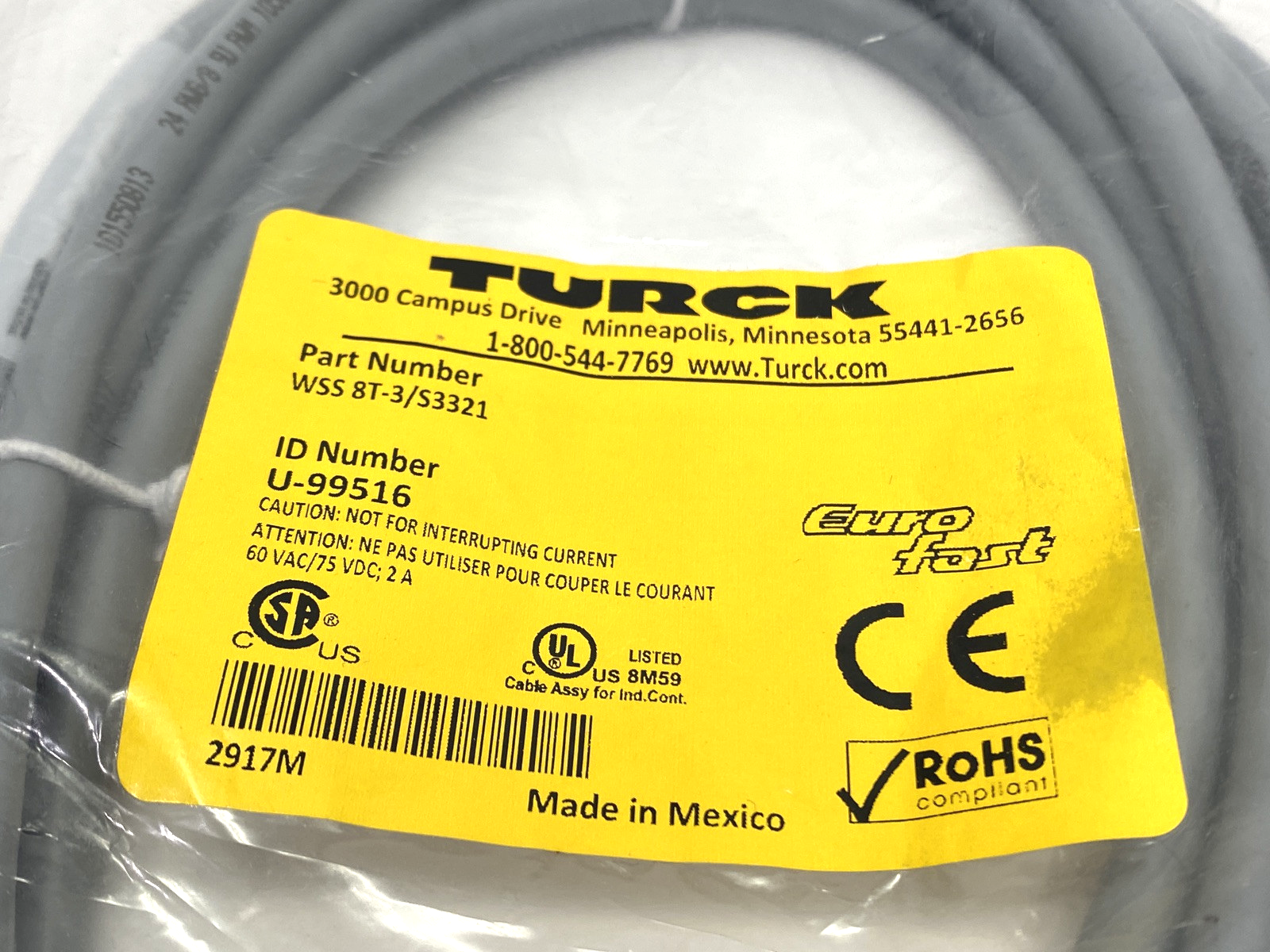 Turck WSS 8T-3/S3321 EuroFast Single-Ended M12 Female Cordset U-99516 - Maverick Industrial Sales