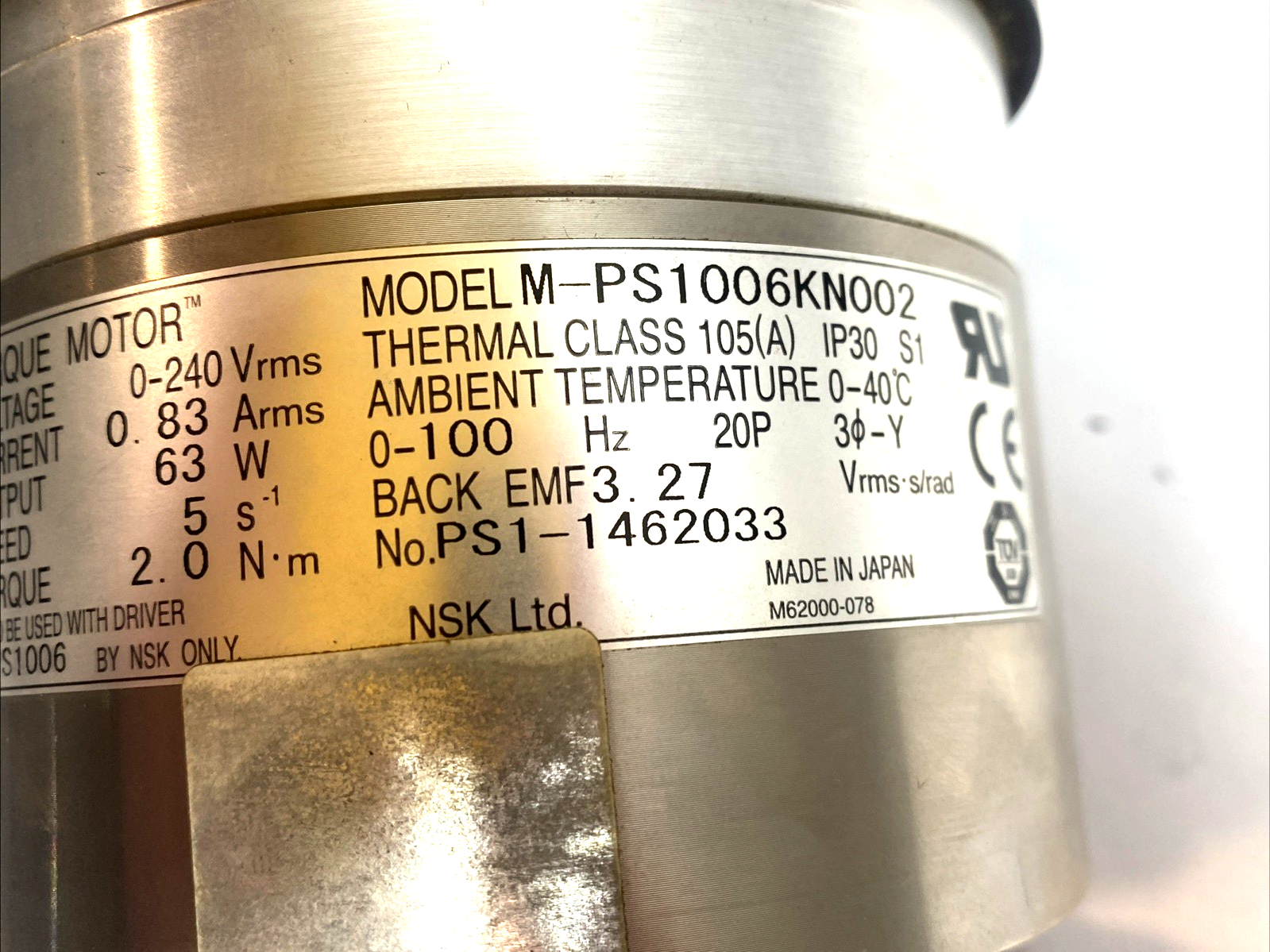 M-PS1006KN002 | NSK Megatorque Direct Drive Motor 6Nm 100mm - Used - Maverick Industrial Sales