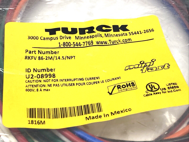 Turck RKFV 86-2M/14.5/NPT Receptacle, Female 8-Pin 1" Minifast 1/2"-14 U2-08998 - Maverick Industrial Sales