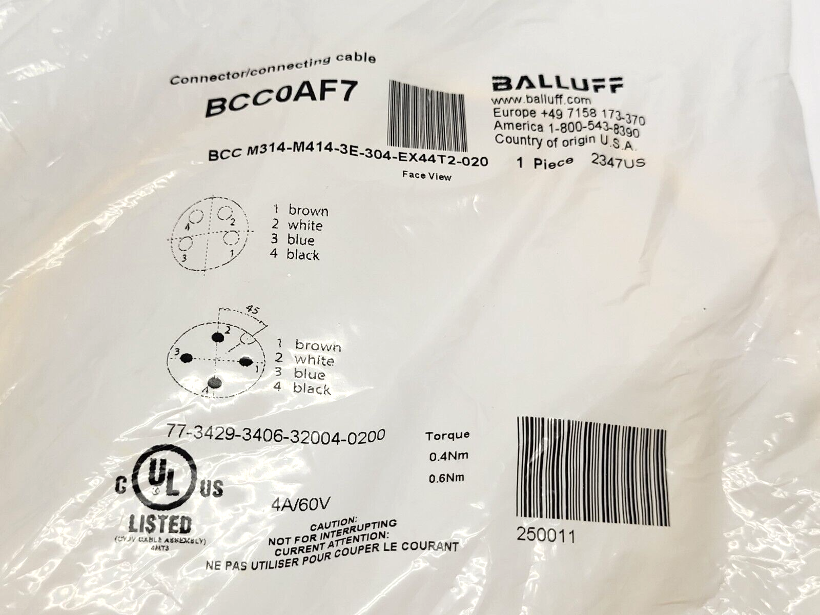 Balluff BCC0AF7 Double-Ended Cordset BCC M314-M414-3E-304-EX44T2-020 - Maverick Industrial Sales