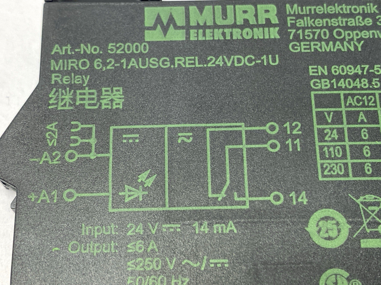 52000 | Murr Elektronik Output Relay MIRO 6,2-1AUSG.REL.24VDC-1U 6A 24VDC - Used - Maverick Industrial Sales