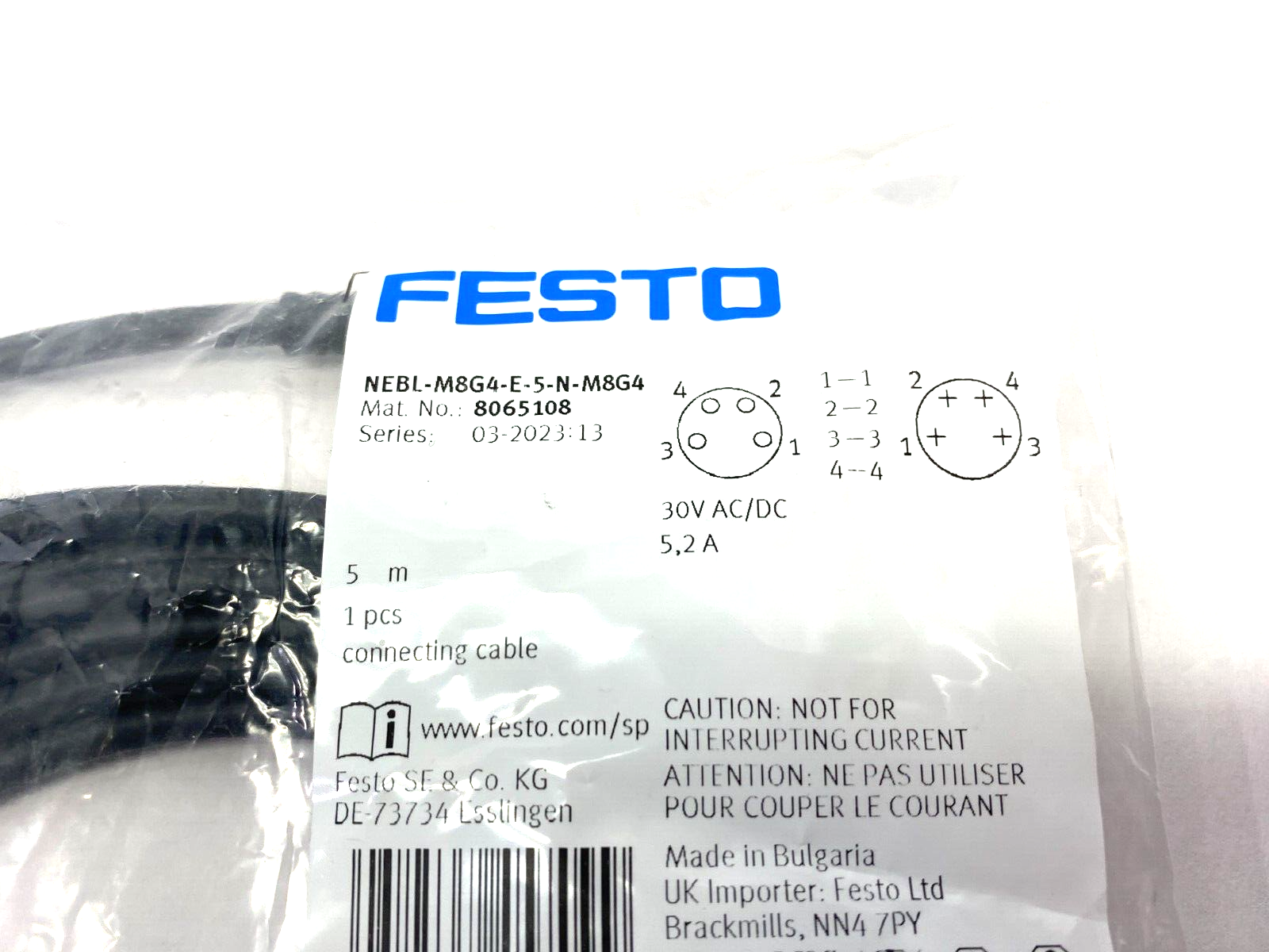 Festo NEBL-M8G4-E-5-N-M8G4 Dbl-Ended Connection Cable M8 4-Pin 5m 8065108 - Maverick Industrial Sales