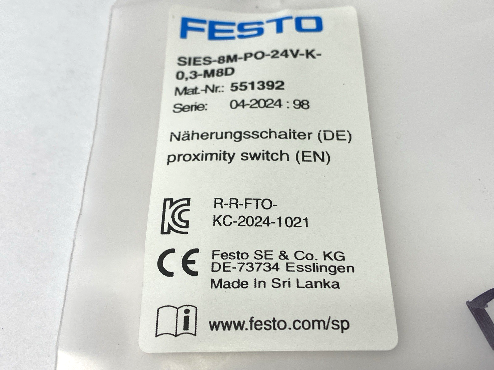 Festo SIES-8M-PO-24V-K-0,3-M8D Proximity Switch 551392 - Maverick Industrial Sales