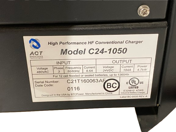 ACT C24-1050 High Performance HF Conventional Forklift Charger 3-Phase 480VAC - Maverick Industrial Sales