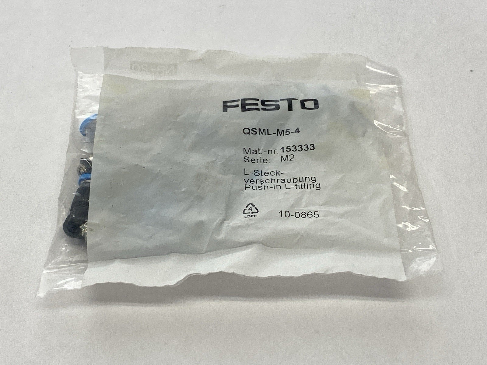 Festo QSML-M5-4 Push-In L-Fitting 4mm OD x M5 153333 LOT OF 10 - Maverick Industrial Sales